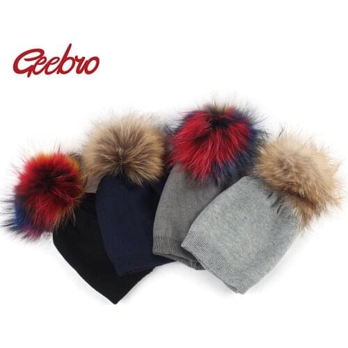 Geebro Baby Beanie Hat Autumn Wool Skullies Beanies with Raccoon Fur Pompom Newborn Boys and Girls Slouchy Real Pompon Hat