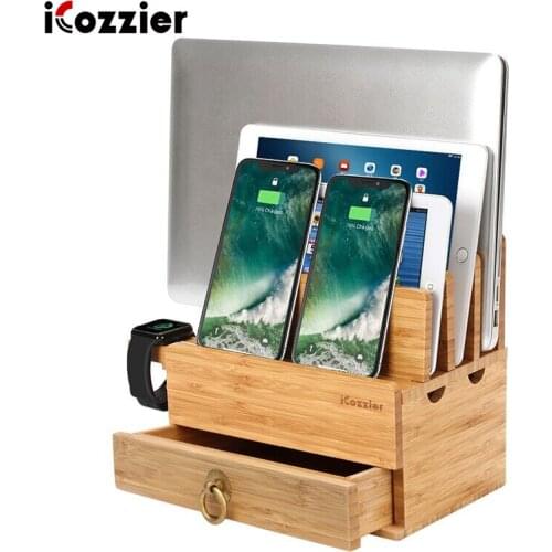 ICozzier 4 Slots Removable Bamboo Watch Stand With Drawer Multi-device Charging Station for i Watch,Smartphones,Tablets,Laptops