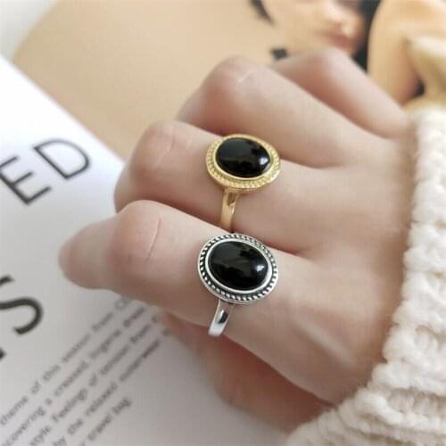 SHIDU 925 Sterling Silver Black Agate Rings Gold Silver Vintage Round Elegant Temperament Open Rings For Women Fine Jewelry