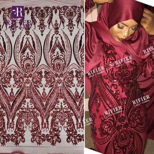 Burgundy Sequins Net Laces Fabric Guinea Senegal Women Wedding Bride Dresses Material Sequined Embroidered Mesh Tulle Net Fabric
