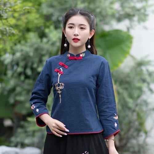 M-4XL Plus Size Traditional Chinese Clothing Embroidery Cheongsam Shirts Navy Blue Woman Blouse Women Cotton Linen Qipao Tops