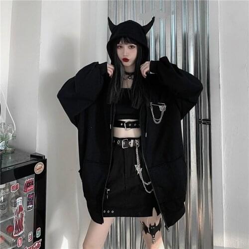 Autumn Winter Women Harajuku Punk Gothic Girls Black Devil Horn Hoodies Sweatshirt Loose Long Sleeve Casual Kawaii Hoodies
