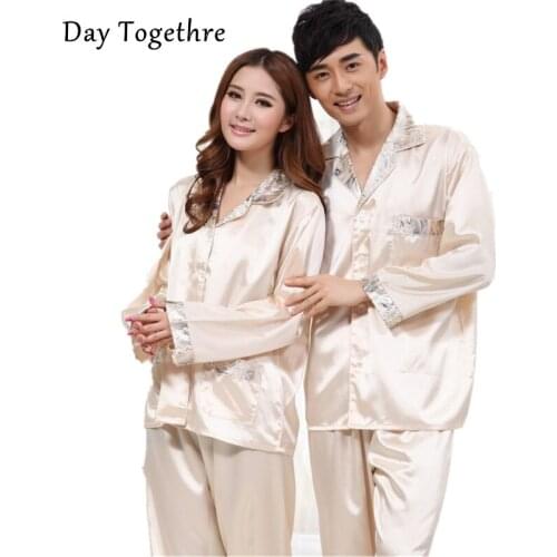 Couple Silk Satin Pajamas Men Nightwears Faux Silk Pajamas Sets Lovers Satin Silk Solid Home Clothes Sleepwear For Women