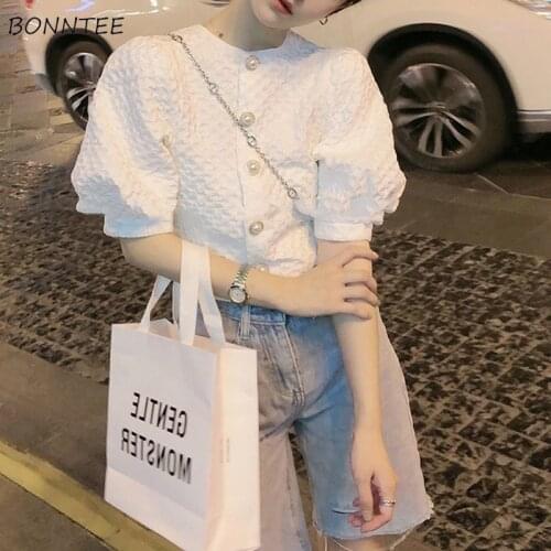 White Shirts Women Button All-match Summer Design French Vintage Ins Puff Sleeve Tops Quality Cropped Ladies Trendy Soft College