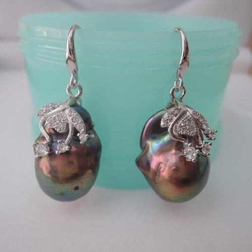 100% nature freshwater pearl earring with 925 silver hook -- AA BLACK baroque Pearl,18 mm big baroque pearl earring