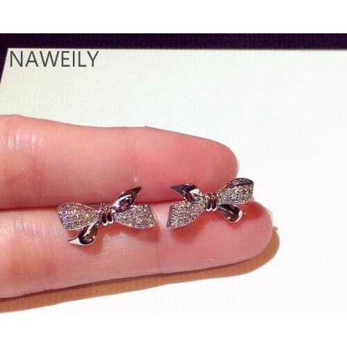 Sweet God Silver Color Bow Stud Earrings Women Fashion Bling Charm Inlaid Zircon Bowknot Earring Wedding Engagement Jewelry Gift