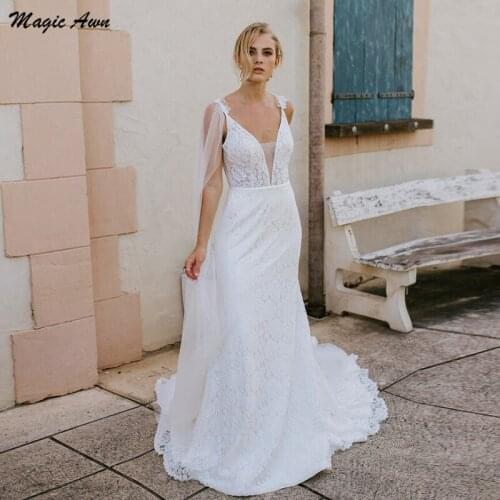 Magic Awn Beach Lace Mermaid Wedding Dresses V-Neck Appliques Backless Boho Mariage Gowns With Tulle Straps Vestidos De Novia