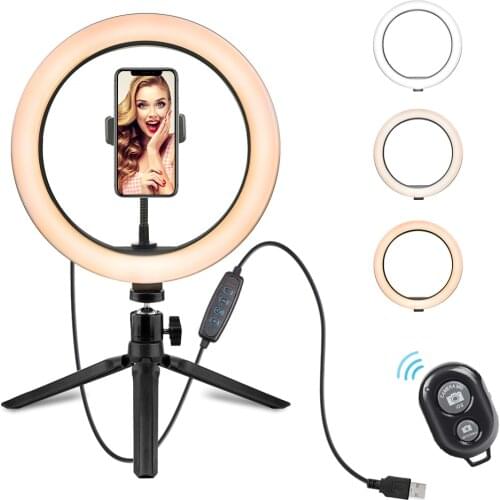 Dimmable LED Selfie Ring Light with Tripod Stand 10inch Makeup Lamp With Selfie Phone clip for Live Studio Photo Camera Video