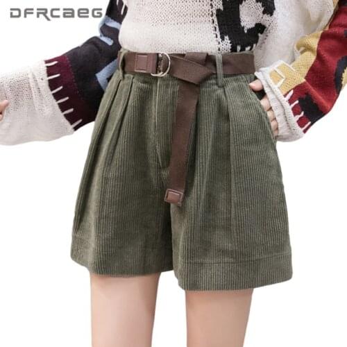 Loose Plus Size Womens Corduroy Shorts With Belt 2021 High Waist Autumn Winter Casual Warm Short For Boot Trousers Female 5XL