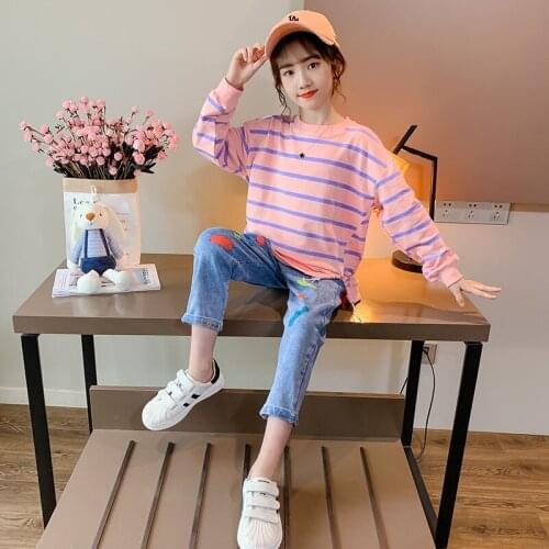 Girls Suits Sweatshirts + Pants Kids Cotton 2021 Stripe Spring Autumn Teenagers For 4-12 Years Children Clothing Set Outfits