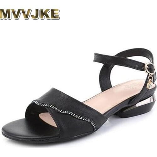 MVVJKE Summer New Fish Mouth Sandals Rhinestone Genuine Leather Sandals Comfortable Low Heel shoe Fashion Sandals Shoes Size