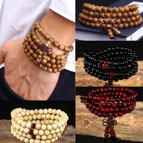 108 Beads 8mm Natural Sandalwood Buddhist Buddha Wood Prayer Beaded Knot Black Ebony Unisex Bracelets Bangles for Women Men