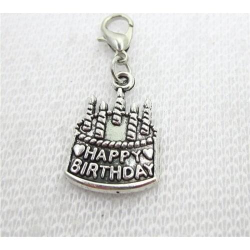 2018 New 50pcs/lot Silver Birthday Cake Dangle Charms Lobster Clasp DIY Bracelet Necklace Pendants Jewelry Hanging Charms