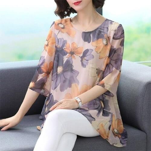 2021 New Summer Middle Aaged Women Korean Chiffon O-Neck Blouse Tops Female Flower Print Fashion Loose Plus Size 4xl Shirt D81