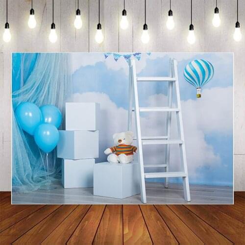 Mehofond Photography Background Blue Sky White Clouds Hot Air Balloon Toy Bear Baby Shower Birthday Party Backdrop Photo Studio