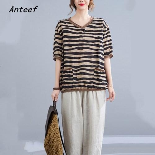 Short sleeve cotton vintage stripe summer casual loose tee t shirt women t-shirt ladies tshirt 2021 tops streetwear clothing