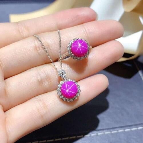 Natural Starlight Ruby Stone Ring Pendant Necklace Set 925 Silver Fine Fashion Charming Weddings Jewelry for Women Free Shipping