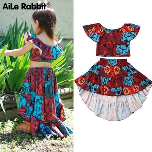 Floral INS Set One-shouldered Lotus Leaf Top Dress 2 Piece Set Fashion Girls Clothes Set Kids' Suits Childrens Clothes