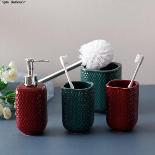 Creativity Solid color Bathroom Accessories Ceramic Soap Dispenser Couple Tumblers Gargle Cup Toilet brush Household Wash set