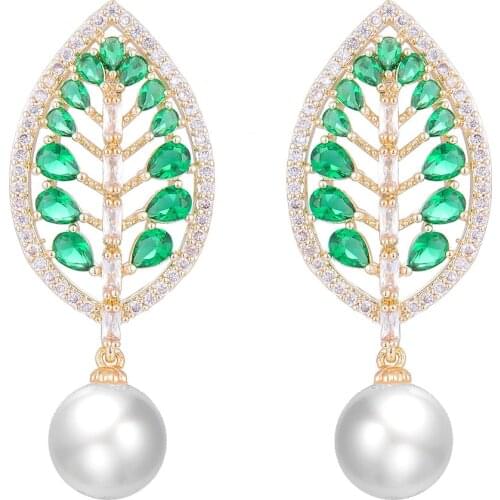 LARRAURI 2019 Trendy Engagement Wedding Party Statement Stud Earrings Multicolor Leaves Cubic Zirconia Pearl Earrings For Women
