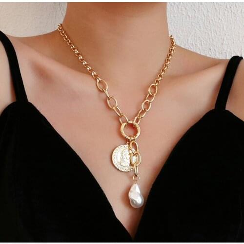 Lifefontier Vintage Irregular Pearl Coin Pendant Chain Necklace For Women Choker Gold Color Chain Necklaces Jewelry Accessories