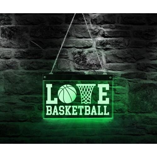LOVE BASKETBALL Rectangle Acrylic Neon Light Board Ball Basket Bag Icon Multi-color Lighting Wall Art Basketball Club LED Signs
