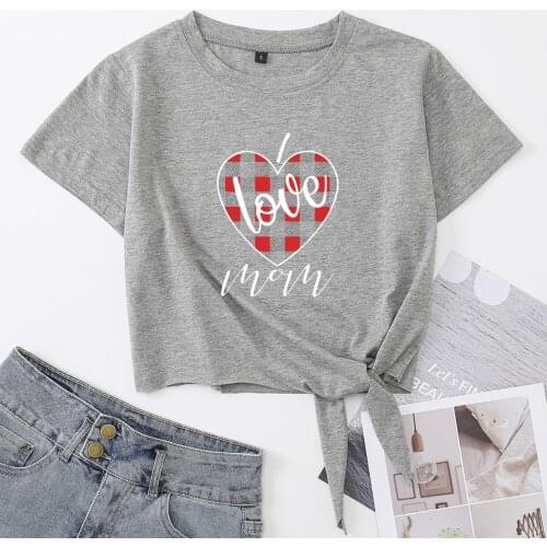 Love Mom Mama Love My Mom Knotted Crop Top Shirt Womens Summer Short Sleeve Cotton T-Shirt Cropped Tops Tee with Front Tie Knot