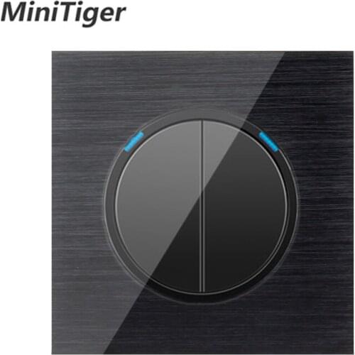 Minitiger Luxury 2 Gang 1 Way Random Click On / Off Wall Light Switch With LED Indicator Black Aluminum Metal Panel
