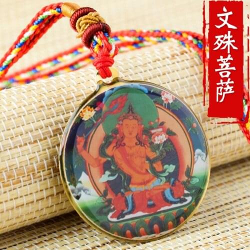 Bodhisattva Manjusri Buddha Statue Small Thangka Tibetan Buddhism Copper Foil Pendant Necklace