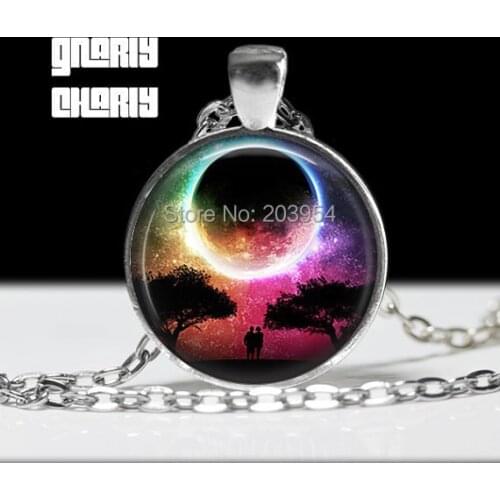 Steampunk Handmade Full Moon Colorful Galaxy Necklace 1pcs/lot Bronze Or Steel Glass Pendant Jewelry Necklace Gift Chain Men