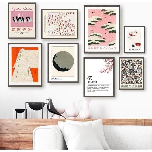 Pink Sky Sakura Posters Prints Vintage Japanese Floral Crane Wall Art Cover Magazine Canvas Painting Exhibition Home Decor Room