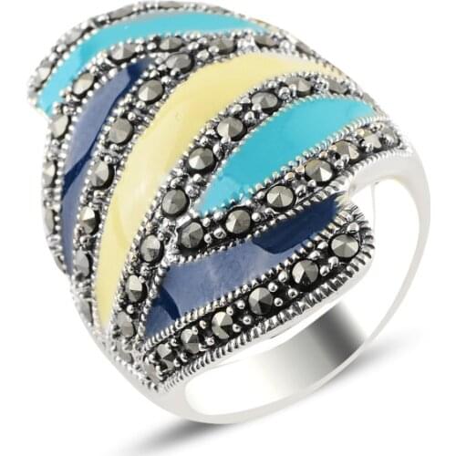 Silver 925 Sterling Marcasite Stone & Enamel Ring