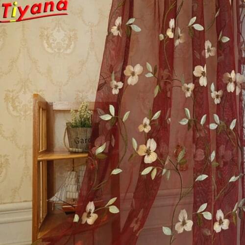 Blue Floral Tulle Curtain Sheer Curtain Eyelets Valance Embroidered Window Sheer Red Panel Window Curtain Set Hot Sale WP274 *30