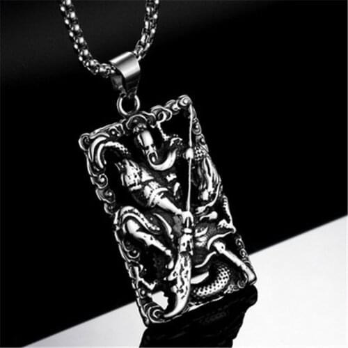 Vintage Original Ethnic Square Pendant Necklace Men Women Dragon Guan Gong Guan Yu Hold Broadsword Pendant Necklace Jewelry