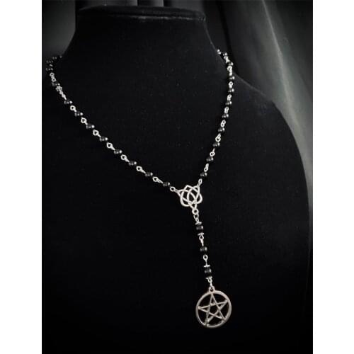 SABBAT Handmade Onyx & Silver Color Pentacle Rosary Necklace Jewelry