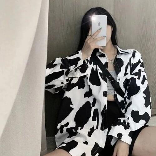 2021 Street Style Oversize Womens Tunic Shirt Cow pattern print Long Sleeve Ladies Blouse Button Up Loose Plus Size Female Tops