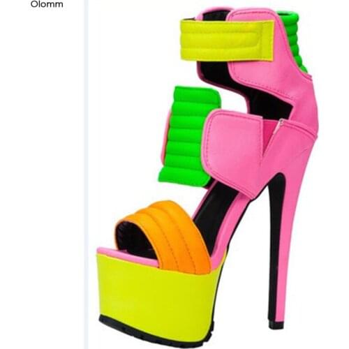 Olomm Hot Women Platform Sandals Sexy Thin High Heel Sandals Open Toe Fuchsia Yellow Snake Party Shoes Women US Plus Size 5-15