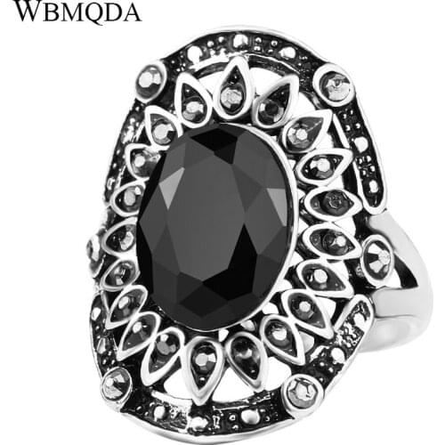 3 Colors Hip Hop Punk Black Crystal Rings For Women Vintage Silver Color Hollow Big Biker Ring Turkish Jewelry 2018