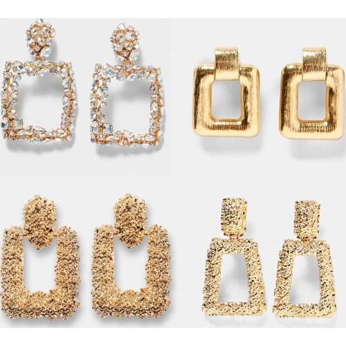 Flatfoosie Fashion Square Crystal Drop Earrings For Women Geometric Gold Color Dangle Statement Pendant Earring Party Jewelry