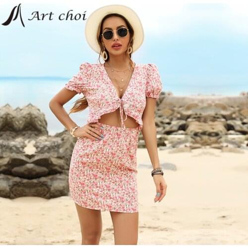 Women Floral Dress Summer Hollow Out Bodycon Ruched Cross Bandage Midriff Ladies Casual Mini Dresses Sundress Mujer Vestido