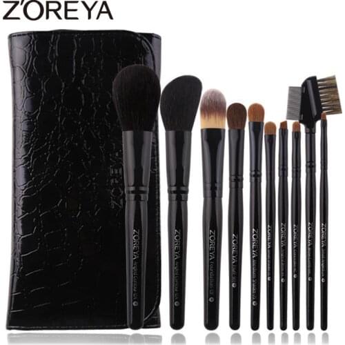 ZOREYA 10Pcs Black Luxury Animal Hair Makeup Brushes Set Powder Concealer Eye Shadow Cosmetic Tools Professional Makeup Natural