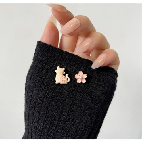 Asymmetric Small Rabbit Daisy Earrings Women Cute Cat Sakura Flower Clip on Earrings No Piercing Ears for Women Girls Kids