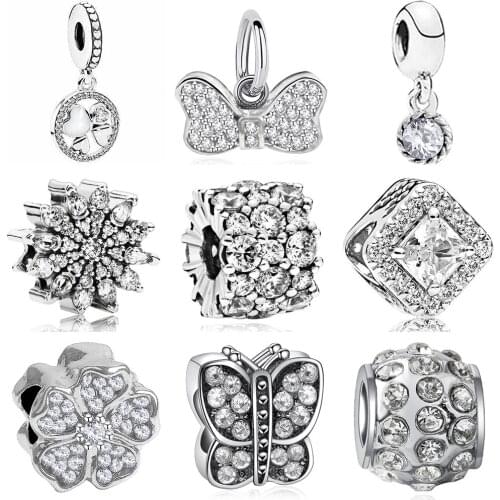 White series crystal charms butterfly snowflake & clover bead diy pendant jewelry bangle fit original pandora bracelet for women