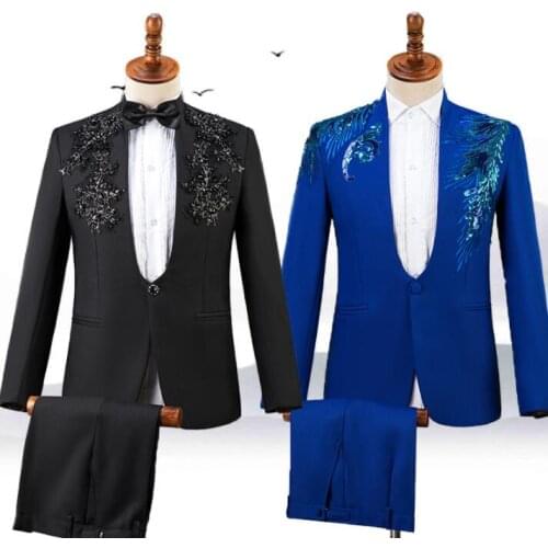 Blazer Sequin embroidery chorus men suit set with pants mens wedding suits costume singer stage clothing costume mariage homme