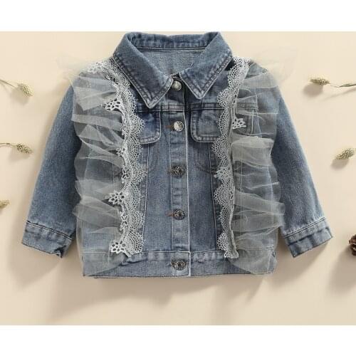 Children Autumn Kids Girls Denim Coat Fashion New Gauze Stitching Shirt-Collar Long Sleeve Button-Open Denim Jacket for Girls