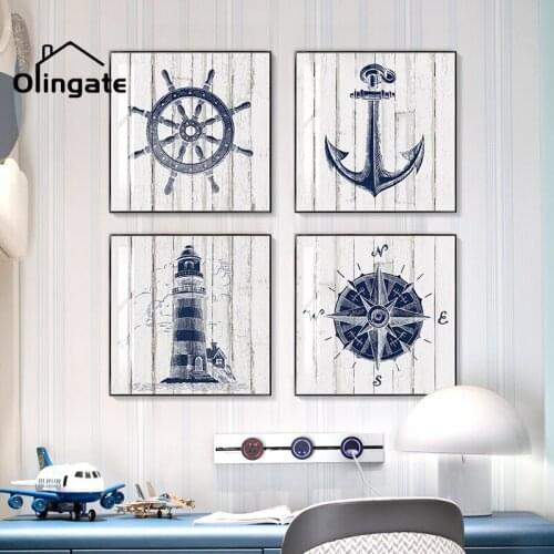 Nursery Navy Pictures Wall Art Cartoon Compass Light House Canvas Painting Posters One Piece for Boy Living Room Home Decoration