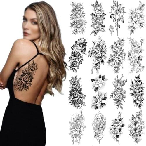 Sketch Sexy Flower Temporary Tattoo Women Body Art Painting Arm Leg Tattoo Sticker Realistic Fake Black Rose Waterproof Tattoo