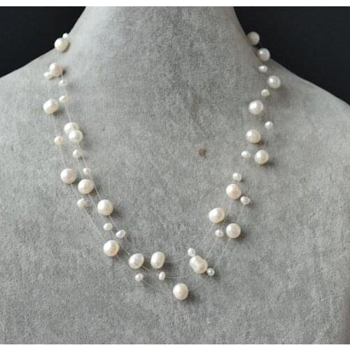 Illusion Pearl Necklace AA 3-8MM White Color Genine Freshwater Pearl Necklace ,Multistrand Jewelry,Bridesmaid Necklace