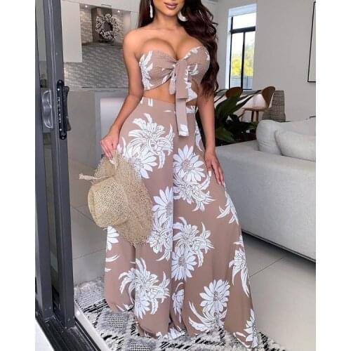 Sexy Women Floral Print Bandeau Knotted Top and Maxi Skirt Set 2pcs Suits Club Party Midi Dress