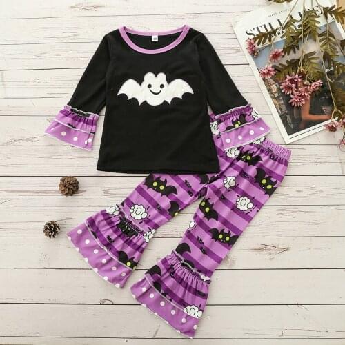 2Pcs Halloween Outfits Toddler Girls Clothes Ruffle Long Sleeve Cartoon Bat Print Tops + Flare Pants Kids Autumn Set
